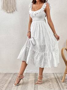 SHEIN VCAY Vestido con bordado con ojal ribete con fruncido bajo con fruncido - Blanco - Ver 4