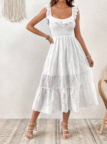 SHEIN VCAY Vestido con bordado con ojal ribete con fruncido bajo con fruncido - Blanco - Ver 5
