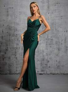 Ruched Split Thigh Cami Dress Formal Dress - Dark Green - View 1