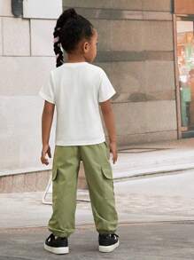 SHEIN Young Girl Car & Letter Graphic Tee & Flap Pocket Cargo Pants