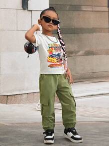 SHEIN Young Girl Car & Letter Graphic Tee & Flap Pocket Cargo Pants