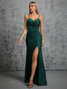 Ruched Split Thigh Cami Dress Formal Dress - Dark Green - View 3