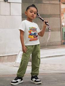 SHEIN Young Girl Car & Letter Graphic Tee & Flap Pocket Cargo Pants