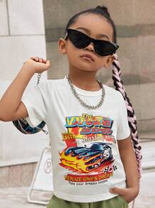 SHEIN Young Girl Car & Letter Graphic Tee & Flap Pocket Cargo Pants