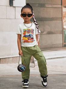 SHEIN Young Girl Car & Letter Graphic Tee & Flap Pocket Cargo Pants