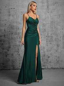 Ruched Split Thigh Cami Dress Formal Dress - Dark Green - View 6