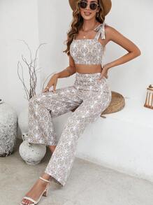SHEIN VCAY 滿版印花肩上打結吊帶上衣和闊腿褲 - 卡其色 - 查看 4