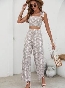 SHEIN VCAY 滿版印花肩上打結吊帶上衣和闊腿褲 - 卡其色 - 查看 6