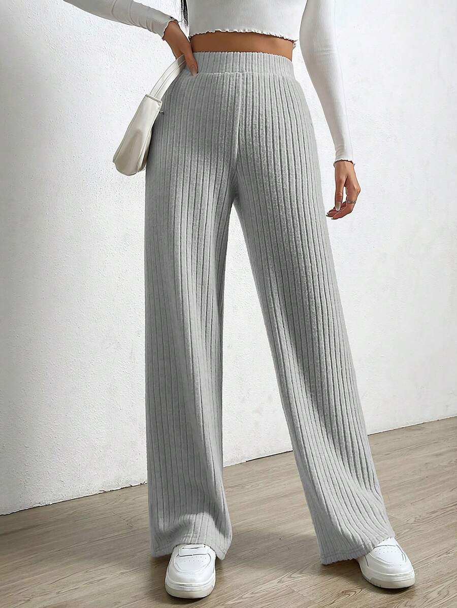 SHEIN EZwear 高腰條紋針織直筒褲 - 灰色 - 查看 1