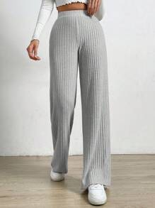 SHEIN EZwear 高腰條紋針織直筒褲 - 灰色 - 查看 3