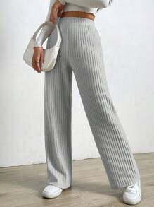SHEIN EZwear 高腰條紋針織直筒褲 - 灰色 - 查看 5