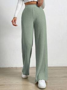 SHEIN EZwear Quần nữ Gân đan màu trơn Giải trí - Màu xanh Bạc hà - Xem 3
