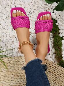Vacation Hot Pink Sandals For Women, Braided Detail Slide Sandals - Hot Pink - View 2