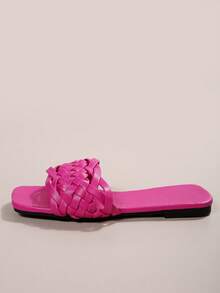 Vacation Hot Pink Sandals For Women, Braided Detail Slide Sandals - Hot Pink - View 3