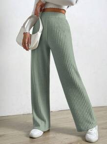 SHEIN EZwear Quần nữ Gân đan màu trơn Giải trí - Màu xanh Bạc hà - Xem 5