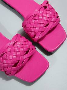 Vacation Hot Pink Sandals For Women, Braided Detail Slide Sandals - Hot Pink - View 7