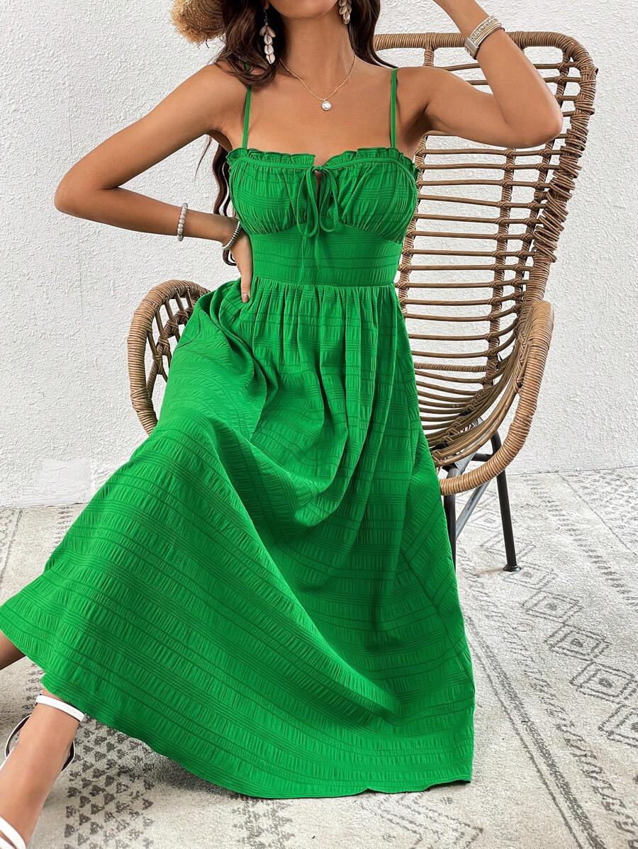 SHEIN VCAY Tie Front Ruched Bust Cami Dress - Green - View 1
