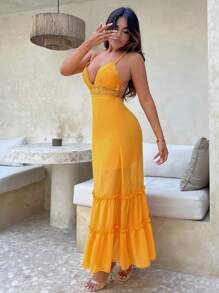 SHEIN SXY Đầm Lộ Lưng Tương phản ren viền lá sen Ren lên phân lớp màu trơn Gợi cảm - Màu vàng - Xem 1