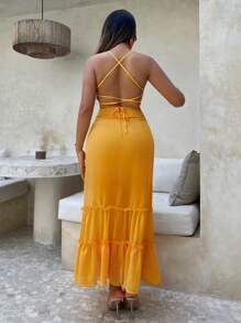 SHEIN SXY Đầm Lộ Lưng Tương phản ren viền lá sen Ren lên phân lớp màu trơn Gợi cảm - Màu vàng - Xem 2