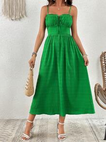 SHEIN VCAY Tie Front Ruched Bust Cami Dress - Green - View 4