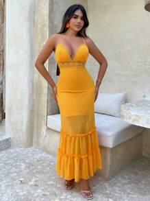 SHEIN SXY Đầm Lộ Lưng Tương phản ren viền lá sen Ren lên phân lớp màu trơn Gợi cảm - Màu vàng - Xem 3