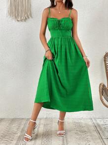SHEIN VCAY Tie Front Ruched Bust Cami Dress - Green - View 5