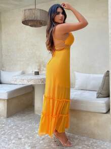 SHEIN SXY Đầm Lộ Lưng Tương phản ren viền lá sen Ren lên phân lớp màu trơn Gợi cảm - Màu vàng - Xem 4
