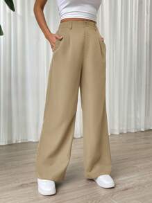 SHEIN EZwear 素色闊腿褲 - 卡其色 - 查看 1