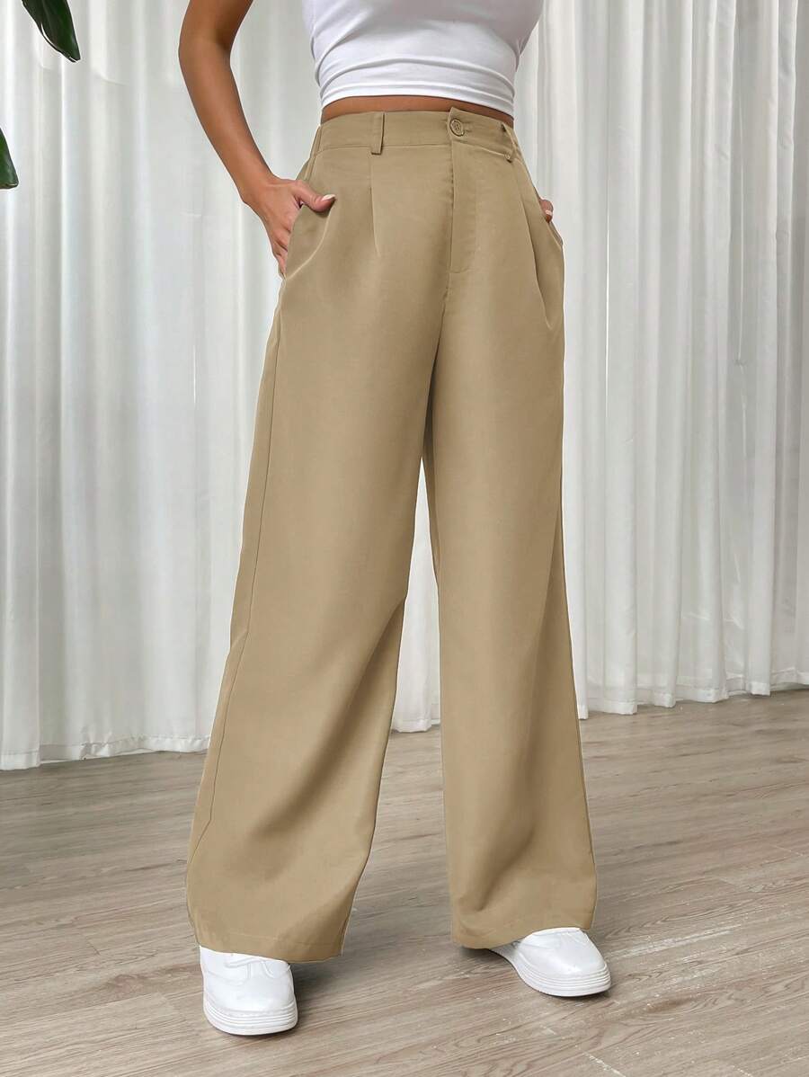 SHEIN EZwear 素色闊腿褲 - 卡其色 - 查看 1