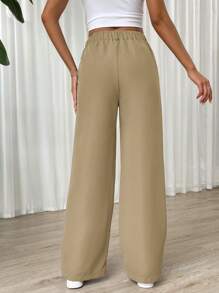 SHEIN EZwear 素色闊腿褲 - 卡其色 - 查看 2