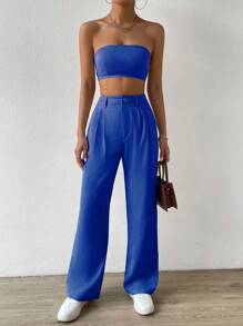 SHEIN EZwear 素色抹胸上衣和褶皺長褲 - 寶藍色 - 查看 1