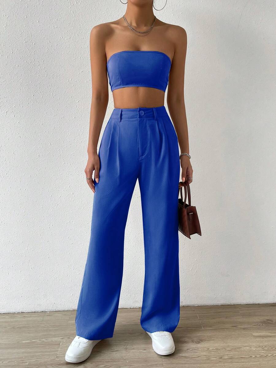 SHEIN EZwear 素色抹胸上衣和褶皺長褲 - 寶藍色 - 查看 1