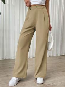 SHEIN EZwear 素色闊腿褲 - 卡其色 - 查看 3