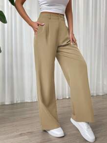 SHEIN EZwear 素色闊腿褲 - 卡其色 - 查看 7