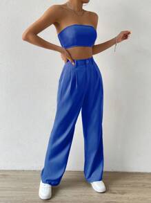 SHEIN EZwear 素色抹胸上衣和褶皺長褲 - 寶藍色 - 查看 4