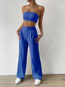 SHEIN EZwear 素色抹胸上衣和褶皺長褲 - 寶藍色 - 查看 5