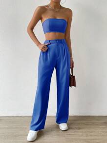 SHEIN EZwear 素色抹胸上衣和褶皺長褲 - 寶藍色 - 查看 7