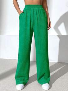 SHEIN EZwear 素色斜口袋直筒褲 - 綠色 - 查看 1