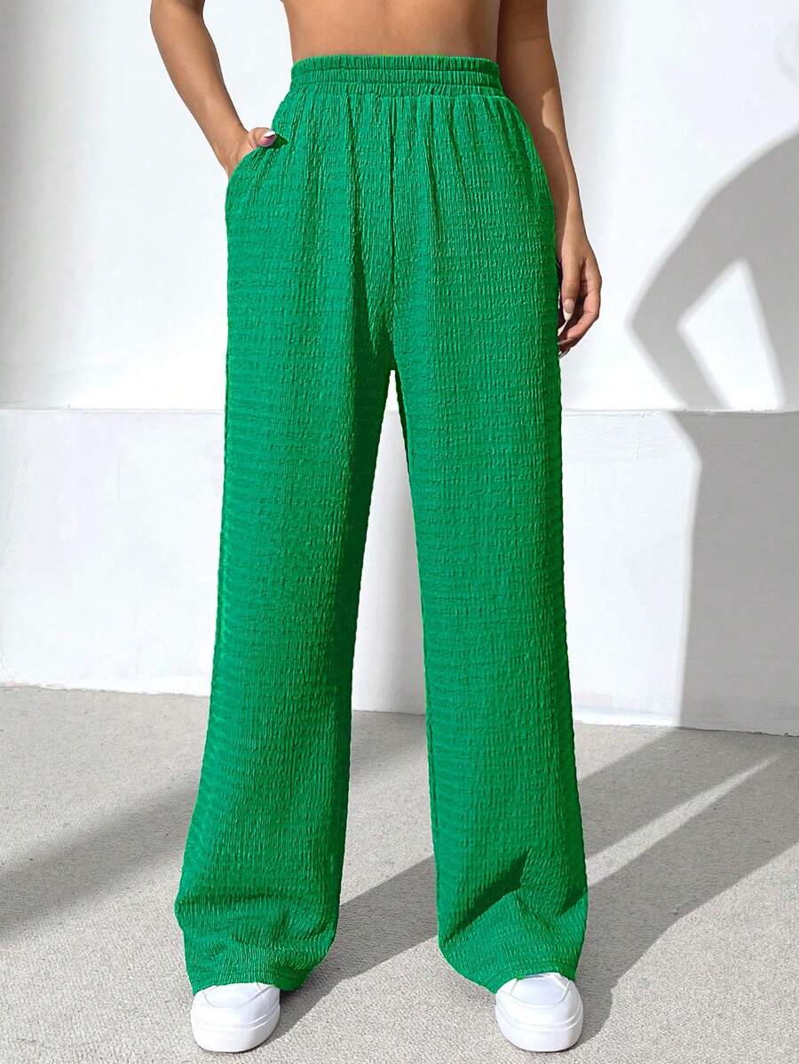 SHEIN EZwear 素色斜口袋直筒褲 - 綠色 - 查看 1