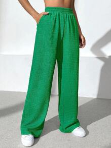 SHEIN EZwear 素色斜口袋直筒褲 - 綠色 - 查看 3
