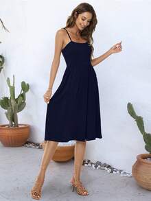 素色斜口袋吊帶連衣裙 - 藏蓝色 - 查看 5