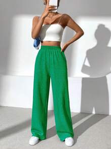 SHEIN EZwear 素色斜口袋直筒褲 - 綠色 - 查看 5