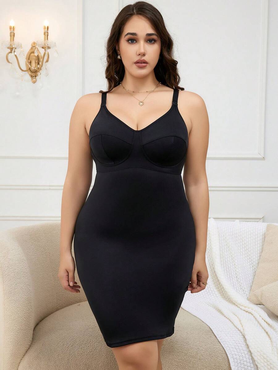 Plus Solid Cami Shapewear Slips - Black - View 1