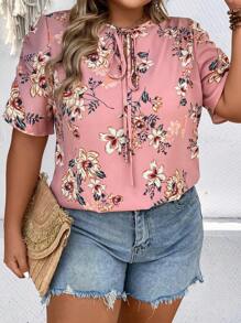 SHEIN VCAY Áo sơ mi Plus Size Thắt nơ trước Hoa Tất cả trên in Boho - Bụi hồng - Xem 1