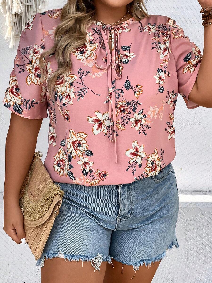SHEIN VCAY Áo sơ mi Plus Size Thắt nơ trước Hoa Tất cả trên in Boho - Bụi hồng - Xem 1