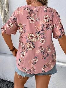 SHEIN VCAY Áo sơ mi Plus Size Thắt nơ trước Hoa Tất cả trên in Boho - Bụi hồng - Xem 2