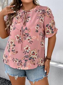 SHEIN VCAY Áo sơ mi Plus Size Thắt nơ trước Hoa Tất cả trên in Boho - Bụi hồng - Xem 4