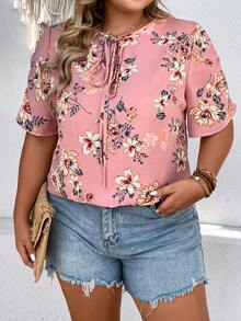 SHEIN VCAY Áo sơ mi Plus Size Thắt nơ trước Hoa Tất cả trên in Boho - Bụi hồng - Xem 6