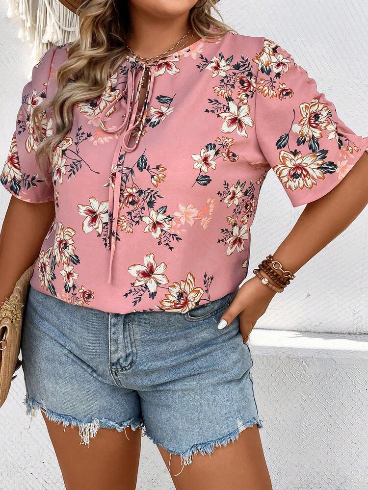 SHEIN VCAY Áo sơ mi Plus Size Thắt nơ trước Hoa Tất cả trên in Boho - Bụi hồng - Xem 7