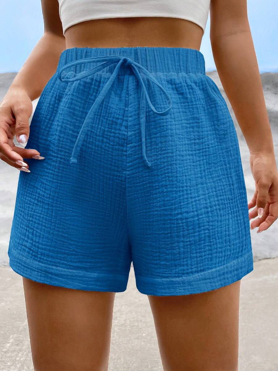 SHEIN EZwear 休閒前綁帶蝴蝶結純色女士短褲 - 藍色 - 查看 1